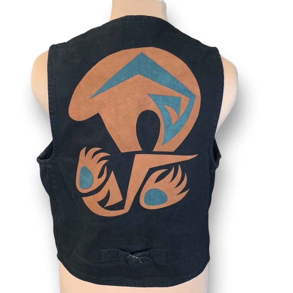 90s Black Denim Vest Sundance Bear Paw Boho Western Unisex Medium USA Made - Picture 6 of 12